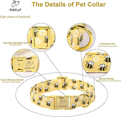 Yellow Bee Dog Collar, Cute Spring/Summer Cartoon Boy Girl Dog Collars, Adjustable Heavy Duty Male Female Dogs Collar for Small Medium Large Dogs with Metal Buckle XS
