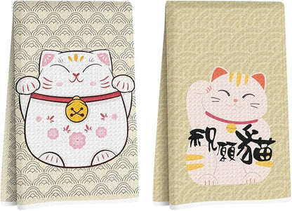 2 Pcs Japanese Lucky Cat Kitchen Towels 24x14 Inch, Maneki Neko Gifts Reusable Dish Towels for Kitchen Bathroom Decor, Waffle Weave Hand Cloth Tea Towel, Cute Cat Lover Gifts for Women Mom Friend