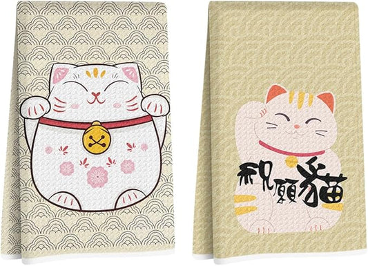 2 Pcs Japanese Lucky Cat Kitchen Towels 24x14 Inch, Maneki Neko Gifts Reusable Dish Towels for Kitchen Bathroom Decor, Waffle Weave Hand Cloth Tea Towel, Cute Cat Lover Gifts for Women Mom Friend