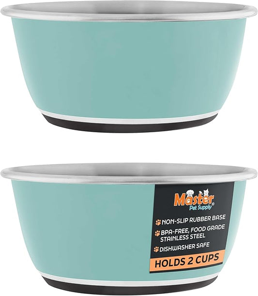 Master Pet Supply Stainless Steel Dog Bowls Set of 2 (16 Oz Each) with Non-Slip Rubber Base - Aqua Sky - Basic Dog Food Bowl Water & Food Bowls for Small Medium Large Dogs & Cats, Metal Dish