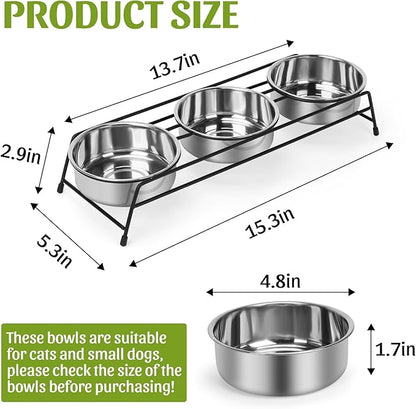 Raised Cat Bowls Triple Dog Cat Feeder Holders 3 Stainless Steel Elevated Pet Water Food Bowl for Cats Puppies Rabbits (3 Bowls)