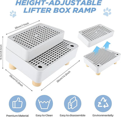 Adjustable 2 Steps Litter Box Ramp, Cat Litter Catcher Mat with Wooden Feet, Filter Function, Litter Box Step for Small & Elderly Cats, Fits Automatic Litter Boxes (Light Grey)