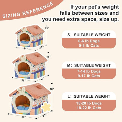 JIUPETY Cute Small Dog House Indoor, Foldable House Kennel Bed Mat with Cushion, L Size Tent for 15-20 lb Dogs and 18-22 lb Cats, Dog Cave Bed with Non-Slip Bottom, Rainbow