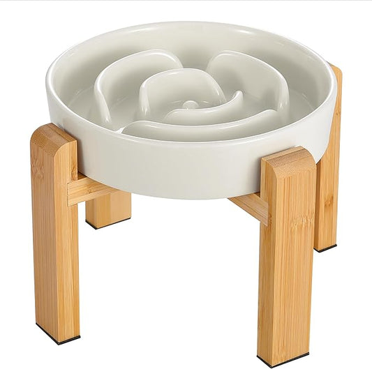 Elevated Slow Feeder Dog Bowl - Ceramic Food Dish with Bamboo Stand - Raised Maze Design - Ideal for Medium to Large Dogs - Milky White - 8.4 inch