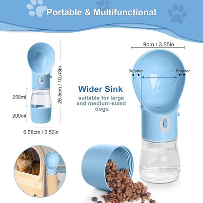 Dog Water Bottle with Food Container, Portable Dogs Water Dispenser, Outdoor Drink Bottles for Puppy, Cat, Pet, Essential Items for Travel, Walking, Hiking, Dog Accessories (Blue, with Food Container)