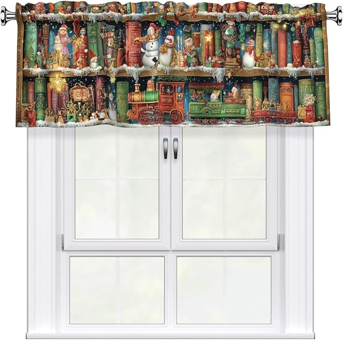 Worltoldb Christmas Bookshelf Curtain Valance Short Rod Pocket Window Treatment for Living Room Bedroom Kitchen Bathroom 1 Panel 54" W x 18" L