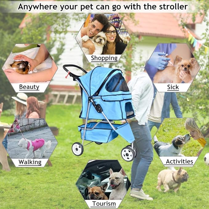 Dkeli 3-Wheel Pet Stroller, Lightweight Foldable Dog Stroller for Small Medium Dogs & Cats, Breathable Mesh & Weather Cover with Storage Basket, for Daily Walk Outdoor Travel (Blue)