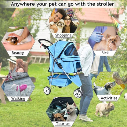 Dkeli 3-Wheel Pet Stroller, Lightweight Foldable Dog Stroller for Small Medium Dogs & Cats, Breathable Mesh & Weather Cover with Storage Basket, for Daily Walk Outdoor Travel (Blue)