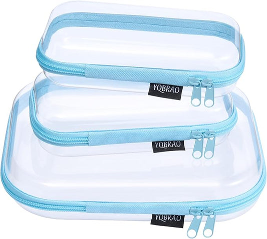 3 Pack Hard Sided Clear Zipper Case for Storage- Thickened-Grade Clear Hard Shell Zipper Case for Organizing Bead, Handicrafts, Sewing, Toiletries, Makeup (Blue)