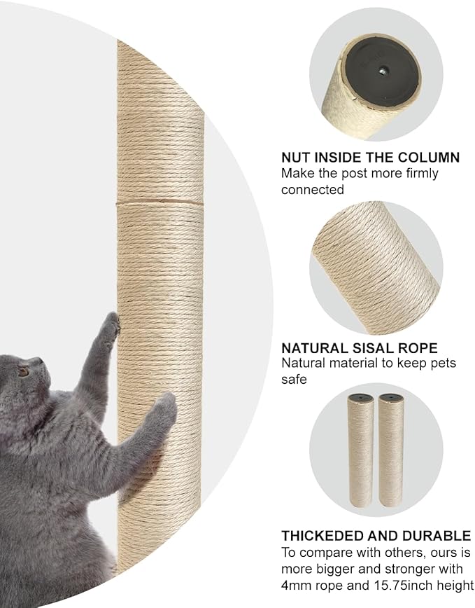 TIMHAKA 4 PCS M8 Cat Scratching Post Replacement, 15.7 x 3.3 inch Sisal Pole Cat Tree Replacement Post with Screws, Refill Sisal Rope Scratcher Posts for Indoor Tree Tower Cat Furniture Protector