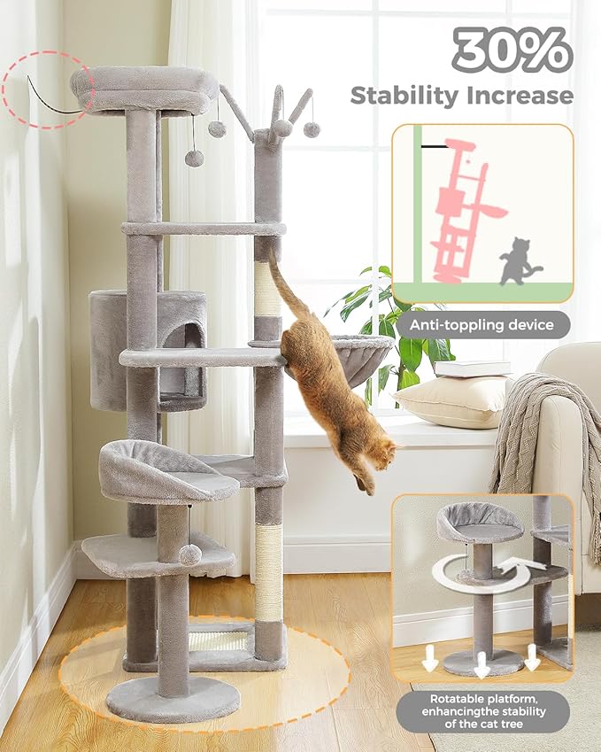 MUTTROS Cat Tree for Large Cats, 59-inch Tall Cat Tower with 3 Removable Pompom Sticks, Condo, Large Hammock, Scratching Post & 2 Perches, Grey