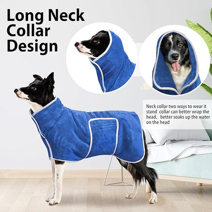 Dog Bathrobe Towel Dog Drying Coat - Super Absorbent Towels Bath Robe for Dogs Large, Soft Adjustable Collar & Belly Strap Fast Drying Coat Pet Cat Bath Robe (Medium Blue‌, XX-Large)