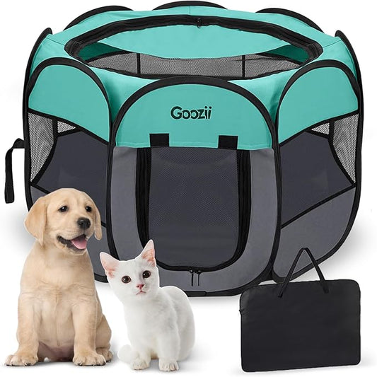 Pet Cat Playpen for Indoor Cats Enclosed, Puppy Dog Play Pen for Outdoor Travel Camping (Small Size, Green & Dark Grey)