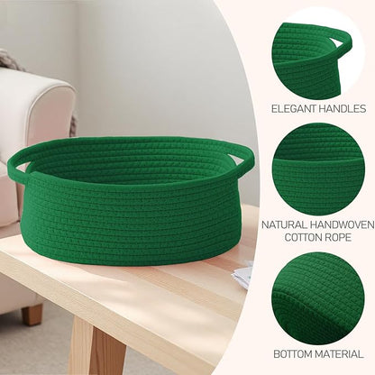 Woven Basket,Small Rope Storage Bin with Handles & Ribbon Bag, Organizer for Shelves Closets,Gift Basket Empty for Birthday,Books,Dog Toys, Green/3 Pack
