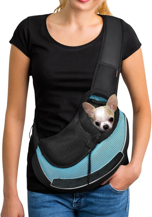 YUDODO Pet Sling Carrier for 2-5 lbs Small Dogs & Cats – Hands-Free Puppy Carrier with Safety Hook, Large Zipper Pocket, Soft Breathable Mesh, Adjustable Strap & Reflective Strip (Cyan 3.0 S)