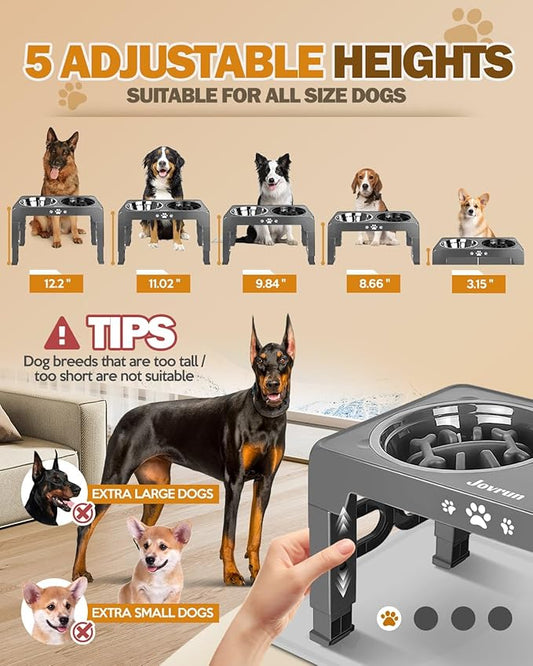 Elevated Dog Bowls with Mat, Non-Slip Dog Feeder with 1*Stainless Steel Dishes & 1*Slow Feeder Bowl, 5 Heights Adjustable Raised Bowls for 3.15″-8.66″-9.84″-11.02″-12.2″