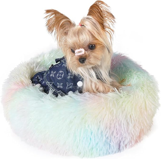 Fluffy Rainbow Dog Bed Extra Small Washable,Calming Dog Bed Rainbow for Small Dogs 15 inches Donut Soft Small Pet Bed,Anti Anxiety Round Fits up to 5 lbs Warm Comfort Pets Beds for Puppy Dogs Indoor