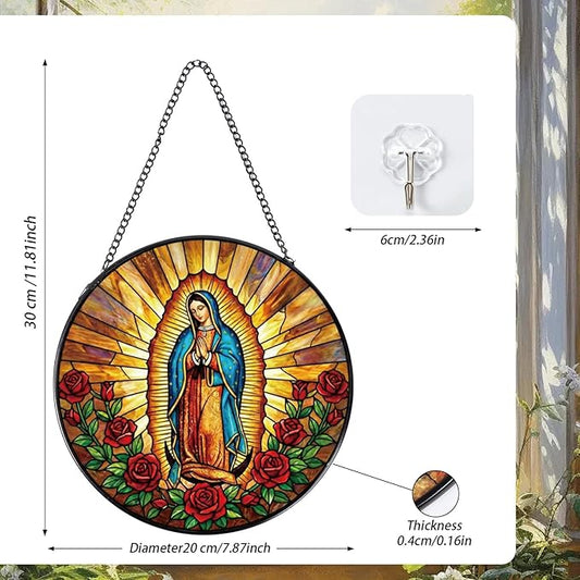 Virgen De Guadalupe Stained Glass Window Hanging, Christian Gifts Sun Catcher Housewarming, Decorative Suncatchers Religious Gifts for Wall Art Landscape Home Decor 8 Inch