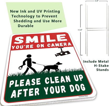 Clean UP After Your Dog Signs, 2-Pack 12.6"x 9.4" Double-Sided H-Stake Metal Stakes Smile Your on Camera Signs, Corrugated Plastic