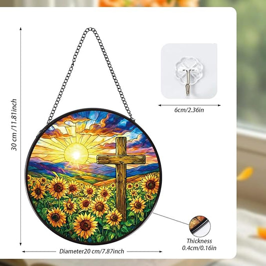Stained Glass Window Hanging Cross, 8 Inch Sun Catcher Christian Cross and Sunflower Gift, Religious Easter Faith Christian Gifts for Wall Art Hanging Decorations