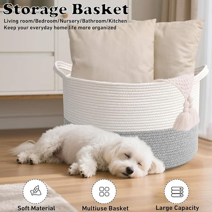 115L Large Blanket Basket,23.6" L x 23.6" W x 15.7" H Rope Woven Baskets with Handles, Toys Storage Bins,Laundry Basket Perfect for Living Room, Nursery,Bedroom,Home Organization,White&Grey