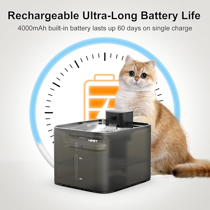 NPET Wireless Cat Water Fountain, 4L/135oz Pet Fountain with Smart Motion Sensor, 4000mAh Rechargeable Battery Operated & Quiet Pump, Automatic Cordless Water Dispenser with Multi-Filtration Filters