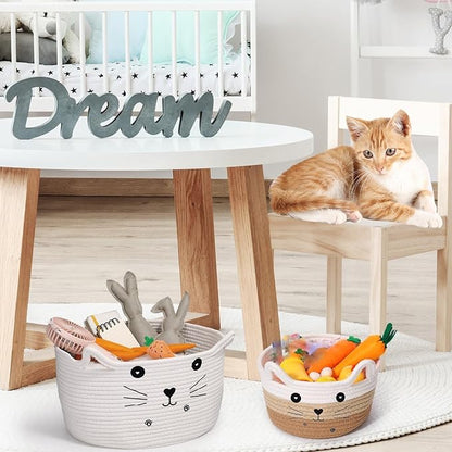 Zopeal Cat Basket Storage Woven Organizer with Ears Easter Decorative Pet Toy Cute Cotton Rope Basket for Gift Cat Dog Toy Bin Nursery Room(8.3 x 4.7 Inch,White Khaki Brown)