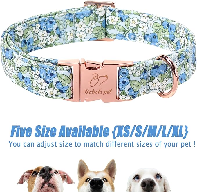 Blueberry Garden Dog Collar, Spring/Summer Cottagecore Floral Dog Collars, Adjustable Heavy Duty Girl Dogs Collar for Small Medium Large Dogs with Metal Buckle XS