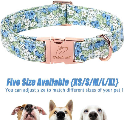 Blueberry Garden Dog Collar, Spring/Summer Cottagecore Floral Dog Collars, Adjustable Heavy Duty Girl Dogs Collar for Small Medium Large Dogs with Metal Buckle XS