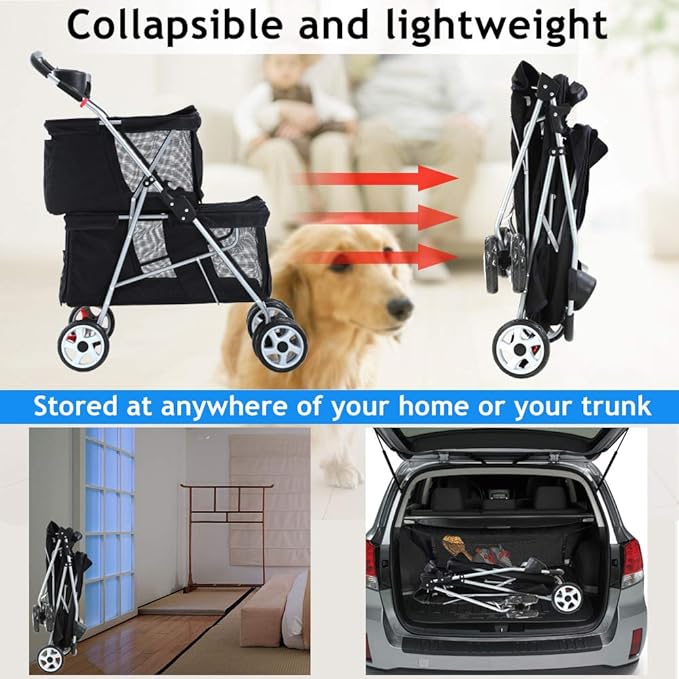 Double Dog Stroller Pet Stroller Cat Stroller for Small Medium Dogs Cats 2 Doggie Puppy or Two Kitty 4 Wheels Folding Travel Carrier Cage with Cup Holders 35LBS Capacity Pet Jogger Strolling Cart
