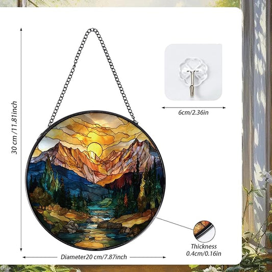 Sun Mountains Stained Glass Window Hanging, 7.8″ Sun Catchers with Hook Indoor Window Decor, Decorative Suncatchers Home Garden Art Gift for Thanksgiving Christmas Housewarming