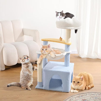 Cat Tree with Sisal Scratching Posts Cat Tower with Hammock Cute Cat Condo for Small Indoor Cats with Comfy Cat Bed and Perch