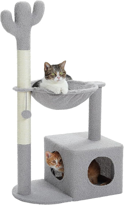 MUTTROS Cactus Cat Tree Cat Scratching Post 40" Cat Tower with Large Metal Carpet Hammock, Cat Scratching Post for Indoor Cats with Condo& Dangling Ball, Grey
