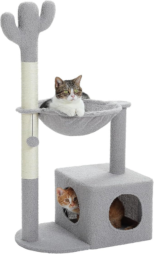 MUTTROS Cactus Cat Tree Cat Scratching Post 40" Cat Tower with Large Metal Carpet Hammock, Cat Scratching Post for Indoor Cats with Condo& Dangling Ball, Grey
