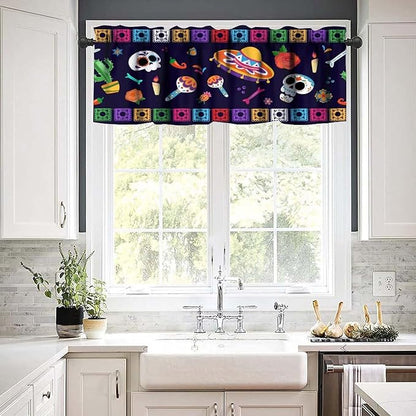 Mexico Valance Curtains Mexican Traditional Paper Lace Skull Pattern Window Treatment Valances Short Curtains Rod Pocket Drape for Dining Room Home Kitchen Decor, 54x18inch