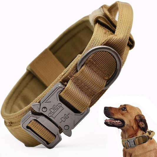 Tactical Dog Collar, Adjustable Military Training Nylon Dog Collar with Control Handle and Heavy Quick-Release Metal Buckle for Small Medium Large Dogs, Brown XL