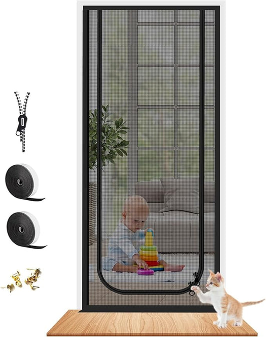 Dixutzi Reinforced Cat Screen Door Fits Door Size 32''x 80'', Heavy Duty Pets Proof Screen Door with Zipper, Prevent Dogs Cats Running Out from Home (Black)