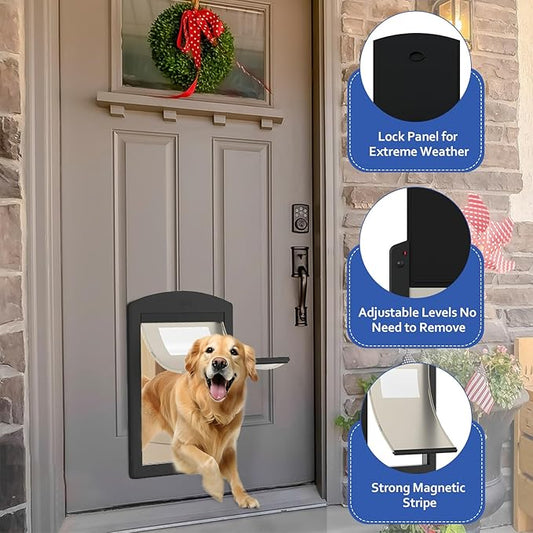 [Classicmacher] Black Frame Dog Doors for Medium Dogs, Strong Plastic Pet Door with Sliding Lock Panel and Magnetic Soft Flap, Doggy Door for Door, Doggie Door (Medium, Mattle Black)