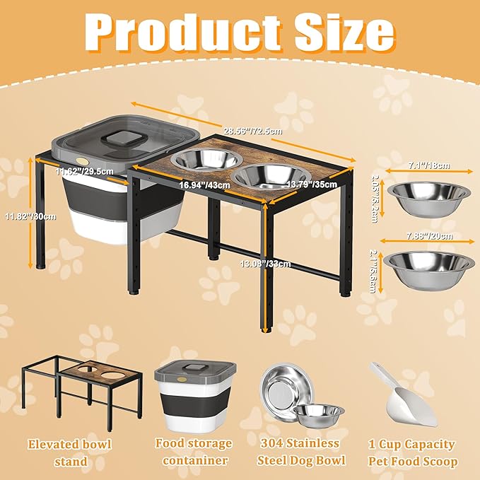 Elevated Dog Bowl with Storage Container - 2-in-1 Raised Dog Bowl Stand with 2 Stainless Steel Food Bowls，15-18 lb Dog Food Storage Bin for Large Breed Dogs, Adjustable Height Feeding Station