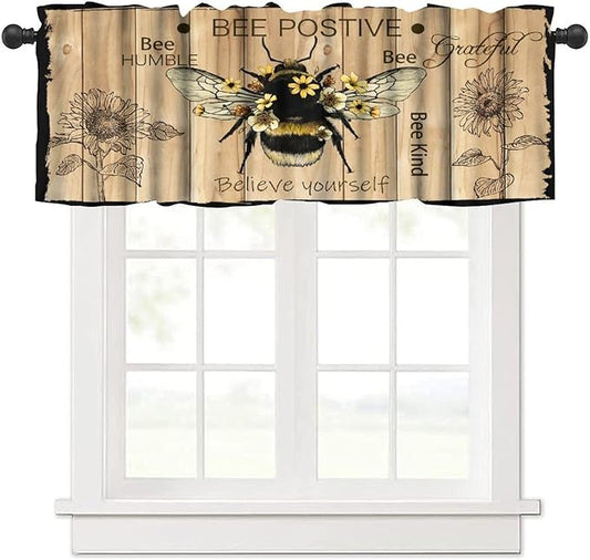 Bee Valances Curtain for Kitchen, Bee Farmhouse Sunflower Wooden Planks Window Treatment Valances Short Curtains Rod Pocket Drape for Dining Room Home Farmhouse Decor, 54x18inch