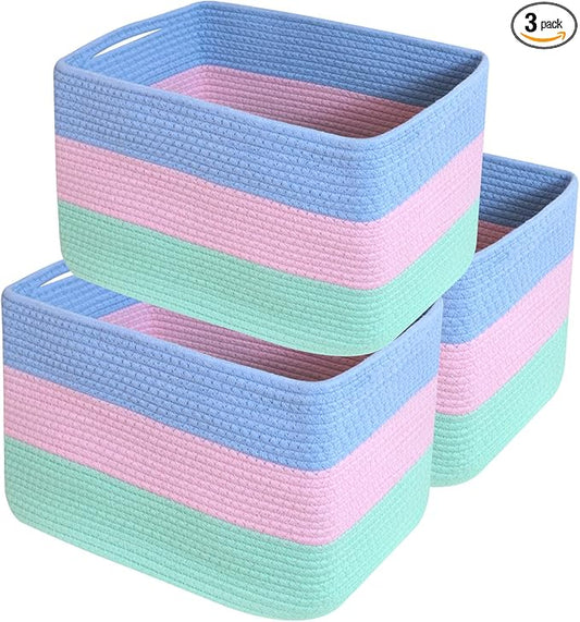 Hopegiver Rainbow Storage Baskets Set of 3, Cotton Rope Toy Storage Bins with Handles, Colorful Woven Nursery & Kids Playroom Organizer Baskets