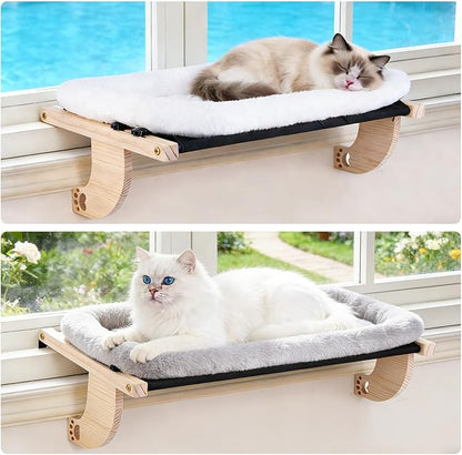 Cat Window Perch Hammock Wall Shelves Beds for Indoor Cats Supplies Design Robust Metal Frame Seat Large Cats and Kittens Pets Natural Wood, 24''L Easy to Adjust Windowsill, Bedside (Grey)