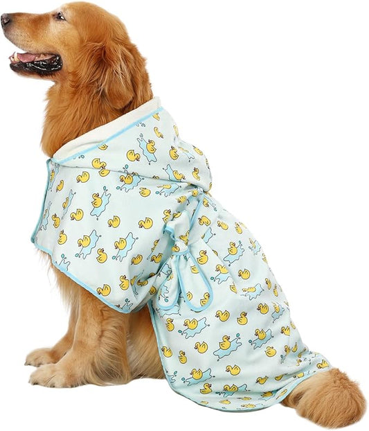 HDE Dog Bathrobe Super Absorbent Quick Drying Puppy Towel Wrap Coat Adjustable After Bath Robes with Hood for Dog Sizes S-XXL Rubber Duck Puddles L