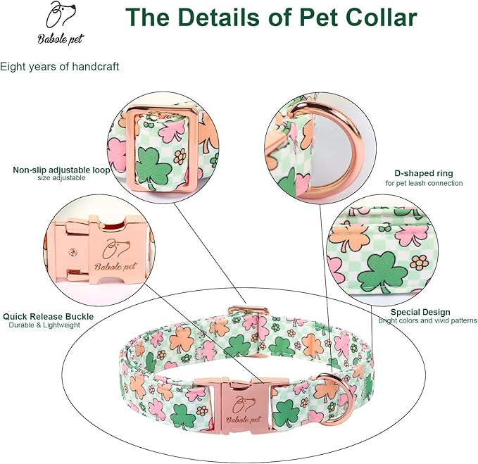 St. Patrick's Day Dog Collar for Medium Dogs - Lucky Clover Pastel Dog Collars, Irish Spring Shamrock Pet Collars, Adjustable Heavy Duty Dogs Collar with Metal Buckle M