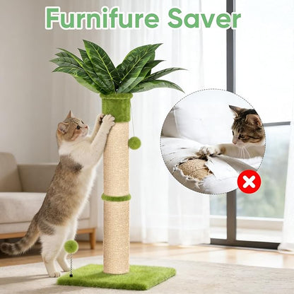XiaZ Cat Scratching Post 34'' Tall, Cat Tower Scratcher Extra Wide 15.8" Stable Base with 4 Non-Slip Pads, 2 Toy Balls, Natural Sisal & Plush Fabric for Small Medium Large Cats (Green, 4.5in)