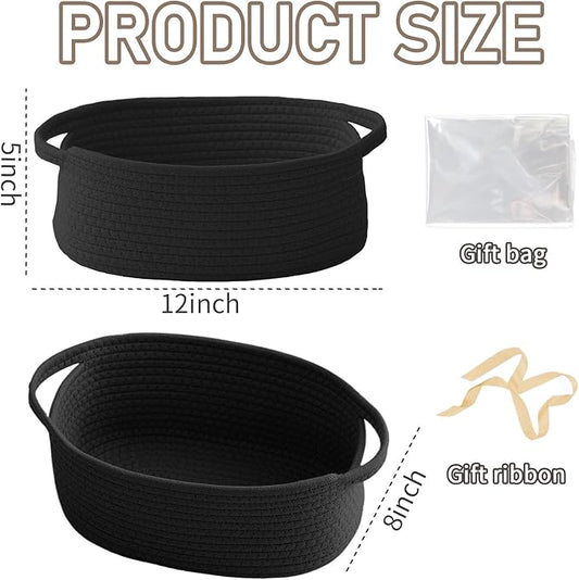 Woven Basket,Small Rope Storage Bin with Handles & Ribbon Bag, Organizer for Shelves Closets,Gift Basket Empty for Birthday,Books,Dog Toys, Black/2 Pack