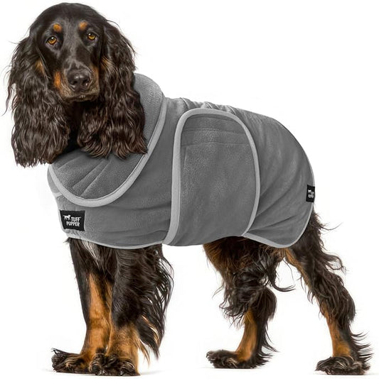 Tuff Pupper Fast Drying Dog Bath Robe | 800 GSM Plush Dog Towel Bathrobe/Dressing Gown | Super Absorbent Pet/Puppy Bathrobe | Adjustable Hood & Belly Strap | Super Soft | Fast Drying (M, Gray)