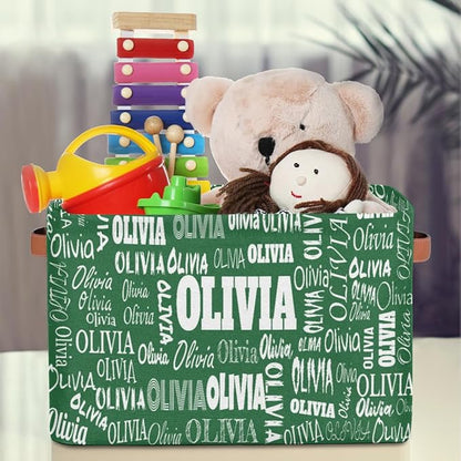 Personalized Name Storage Basket with Handles, Canvas Storage Bins Toys Clothes Organizer for Bedroom, Kitchen, Bathroom, Nursery, Shelves, Closets, Deep Green Color Background