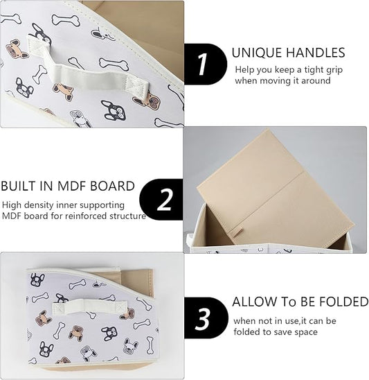 Geyecete Foldable Dog Toy Organizer Boxes - Cloth+Cardboard Trapezoid Storage Box with Handle, Basket for Toys (Beige Dog Head Print)