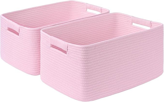2 Pack Large Storage Basket for Organizing, 17.5"x13"x7" Woven Basket for Shelves, Closet Cube Storage Bins with Wrapped Handle, Cotton Rope Baskets for Kitchen, Clothes, Toys(Light Pink)